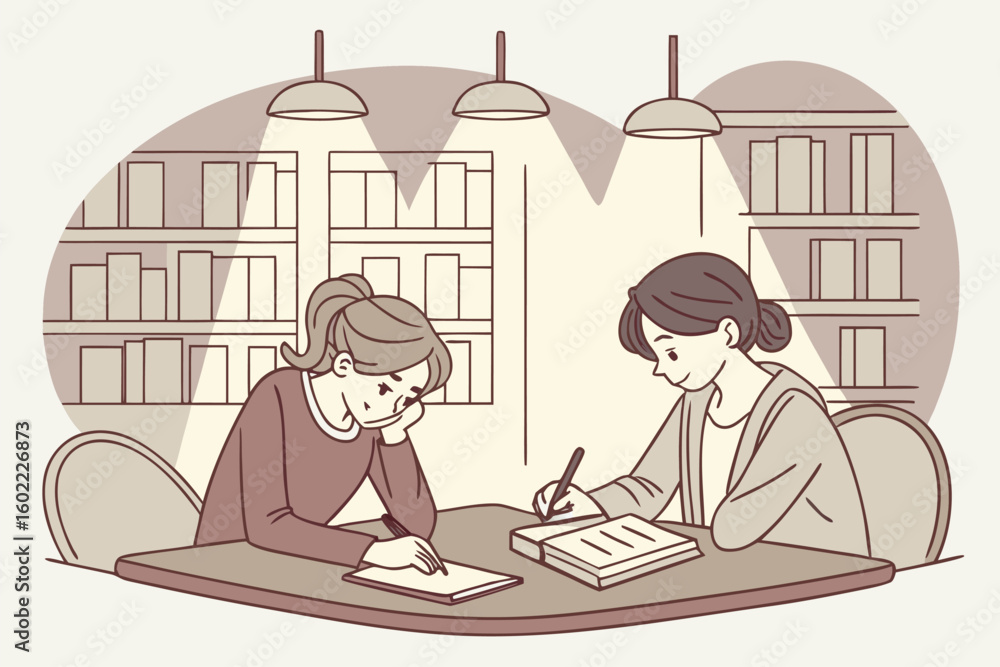 Poster two students engaged in collaborative study session at library with books and notes on a table in wa