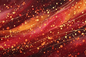 Abstract Art with Red, Orange, and Gold Splashes and Swirling Patterns