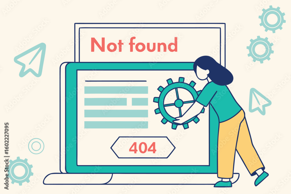 Poster creative illustration of a woman working on a computer error during the day highlighting a 404 not f