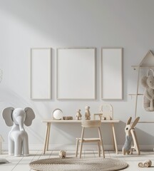 Minimalist nursery room with wooden furniture. toys. and three blank frames ready for artwork