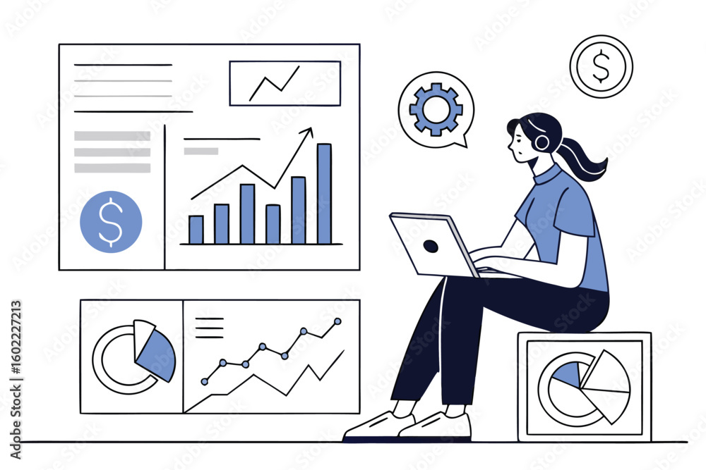 Poster business analyst working on financial data while using a laptop in a modern office setting with grap