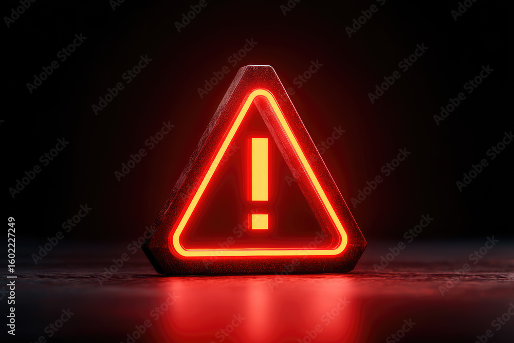 Poster hacking concept. attention warning attacker alert sign with exclamation mark on dark red background.