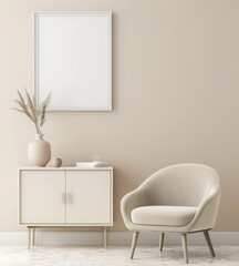 Minimalist living room with a beige armchair. a cabinet. and a blank frame on a beige wall