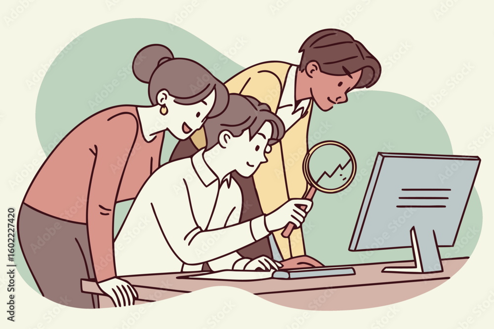 Poster group of professionals analyzing data on a computer screen in a collaborative office setting during 