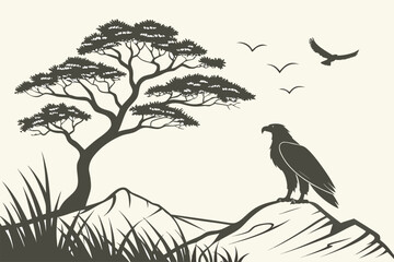 Fototapeta premium Majestic eagle perched on a rocky cliff with a backdrop of soaring birds and a stylized tree under a serene sky