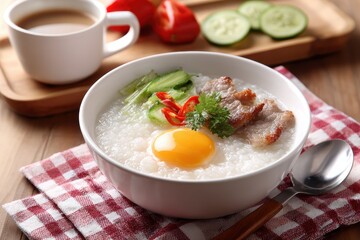 Breakfast of rice porridge with pork chops soft boiled egg and vegetables in a white bowl on the table