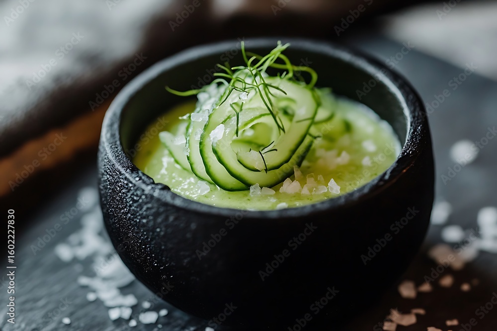 Poster a miniature matte pot of cucumber dill sauce with shredded cucumber curls and a sprinkle of sea salt