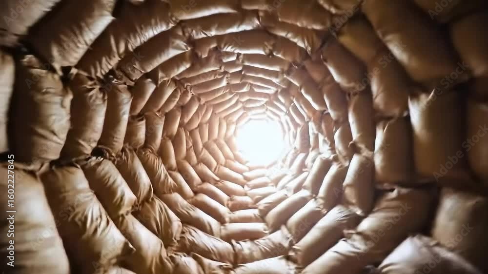Poster a captivating view of a tunnel-like structure illuminated by warm light, showcasing intricate textur