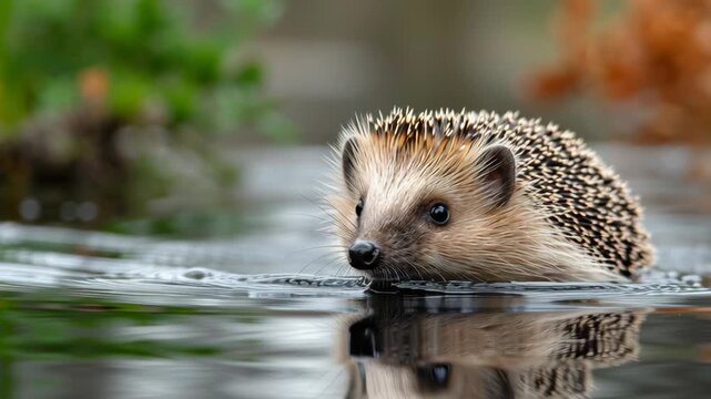 Small hedgehog swimming in tranquil water, surrounded by lush greenery and soft reflections, showcasing its unique spines and curious expression in a serene natural environment