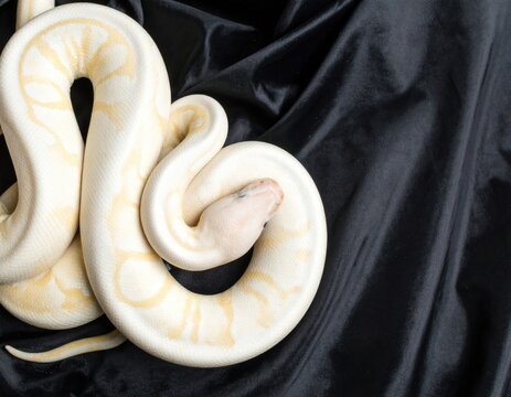 Albino Ball Python coiled on black fabric