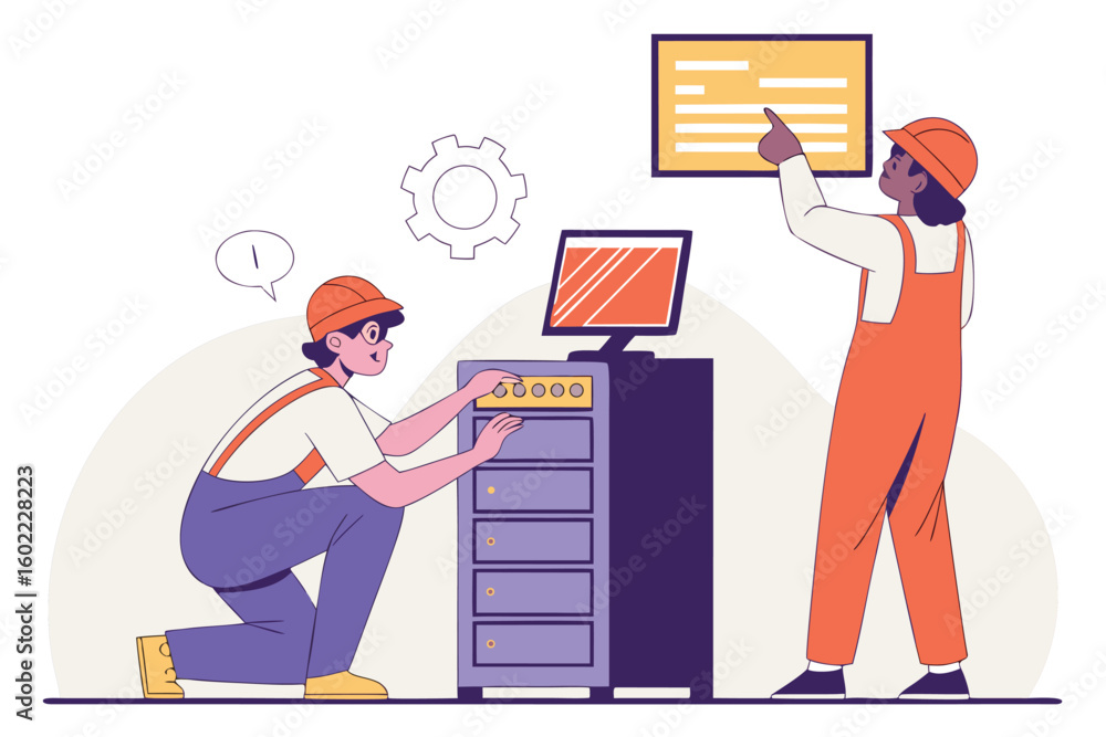 Poster technicians working on computer hardware in a modern workspace during daytime
