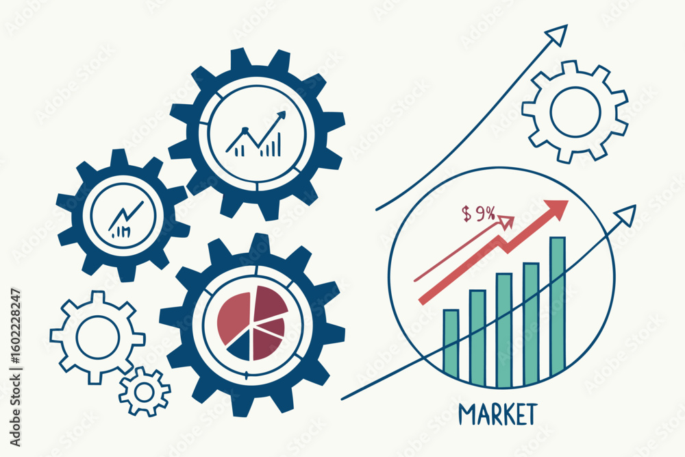 Poster growth of market trends represented through gears and charts showing upward trajectory in performanc