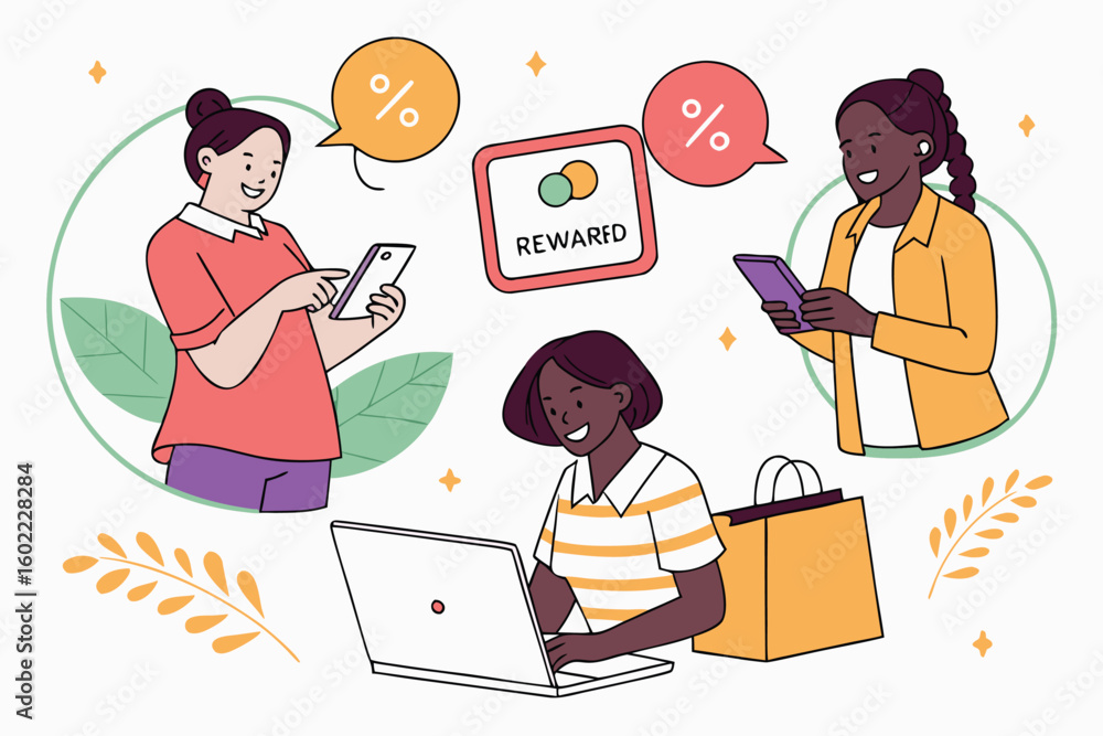Poster people engaging in online shopping and rewards programs while using mobile devices in a modern and l