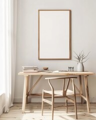 Minimalist home office with wooden desk. chair. and a blank frame on the wall (1)