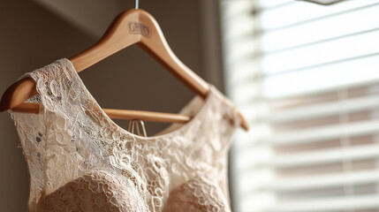 Delicate lace wedding dress on wooden hanger, embodying timeless elegance for special occasions, perfect for bridal magazines, luxury fashion content, wedding inspiration blogs.