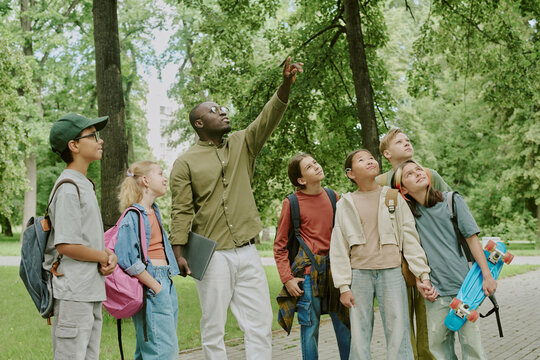 Black middle aged man teacher leading group of diverse children outdoors in park, teacher pointing at tree while multiethnic kids with backpacks and skateboard looking up and listening attentively