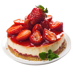 Strawberry cheesecake on a white plate.  Freshly sliced strawberries adorn a creamy cheesecake topped with a sweet glaze.  A few mint leaves accent the dessert