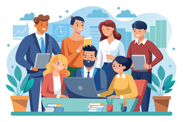 Group of professionals collaborating in an office setting focused on a project and sharing ideas with computer and documents around them
