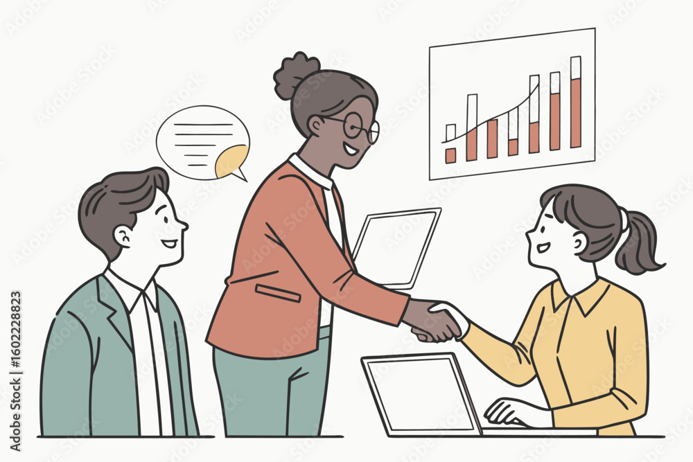 Poster business professionals collaborating in an office setting with data analysis visuals, showcasing tea