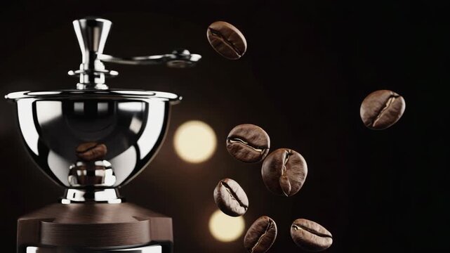 Dynamic Coffee Beans with Elegant Grinder on Dark Background