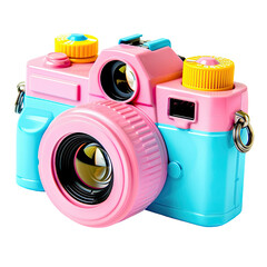 Vibrant pink and teal camera, stylized and playful