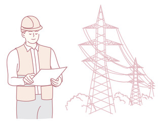 An experienced engineer is reviewing detailed electrical engineering plans, while power lines stretch in the background