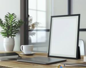 Obraz premium Blank frame mockup on wooden desk with laptop. coffee cup. and plant