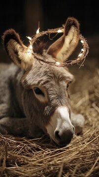 The gentle donkey from the nativity story, resting peacefully in a softly lit stable, embodying humility, peace, and the true spirit of Christmas. Perfect for religious, seasonal, or animal-themed 