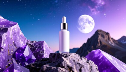 Futuristic skincare serum bottle standing on violet crystal cliff under double moon sky, cosmic fantasy product mockup concept art