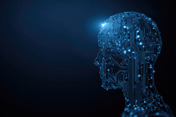 Electronic brain and Concept of artificial intelligence(AI).Graphic of a digital brain and Human head outline made from circuit board, connecting on a dark blue background