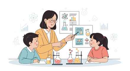 Educational Vector Illustration of a Teacher and Students in a Science Class Experiment