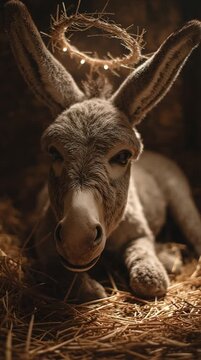 The gentle donkey from the nativity story, resting peacefully in a softly lit stable, embodying humility, peace, and the true spirit of Christmas. Perfect for religious, seasonal, or animal-themed 