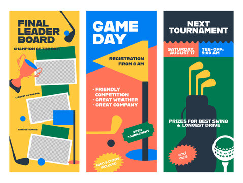 Golf game flyers promoting tournament details, registration, and event highlights for participants and spectators