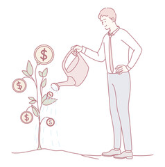 A man is meticulously watering a money tree that symbolizes investment, prosperity, and financial growth as well