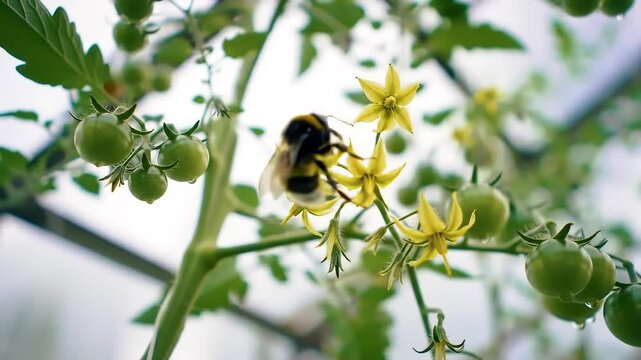 A bumblebee pollinates vibrant yellow flowers on a tomato plant in a greenhouse setting.