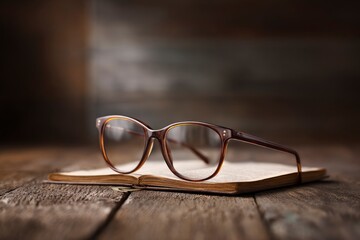 Glasses sit on an open book atop a rustic wooden table