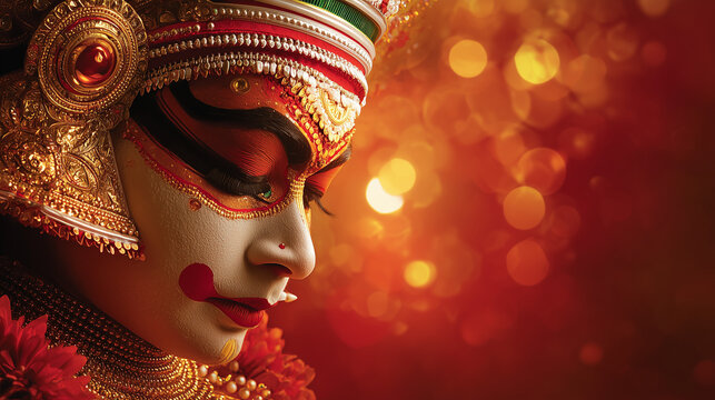 Modern Onam banner, Kathakali dancer face close-up with dramatic makeup and crown, glowing red-to-gold gradient background