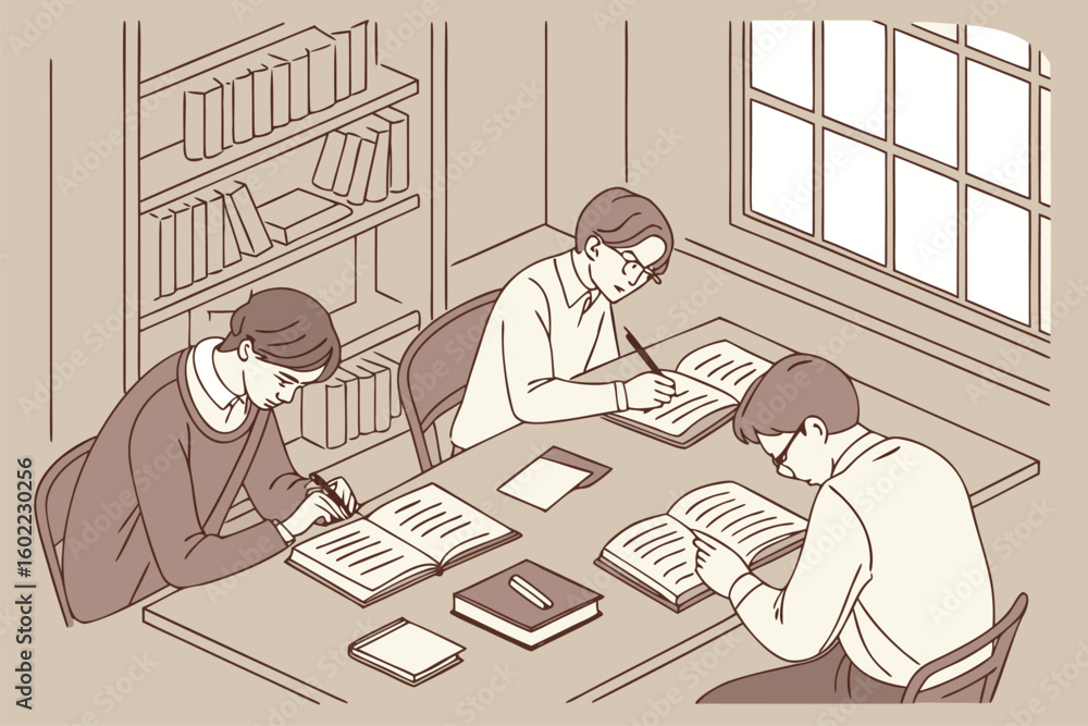Aufkleber students studying and taking notes in a cozy library setting during the afternoon