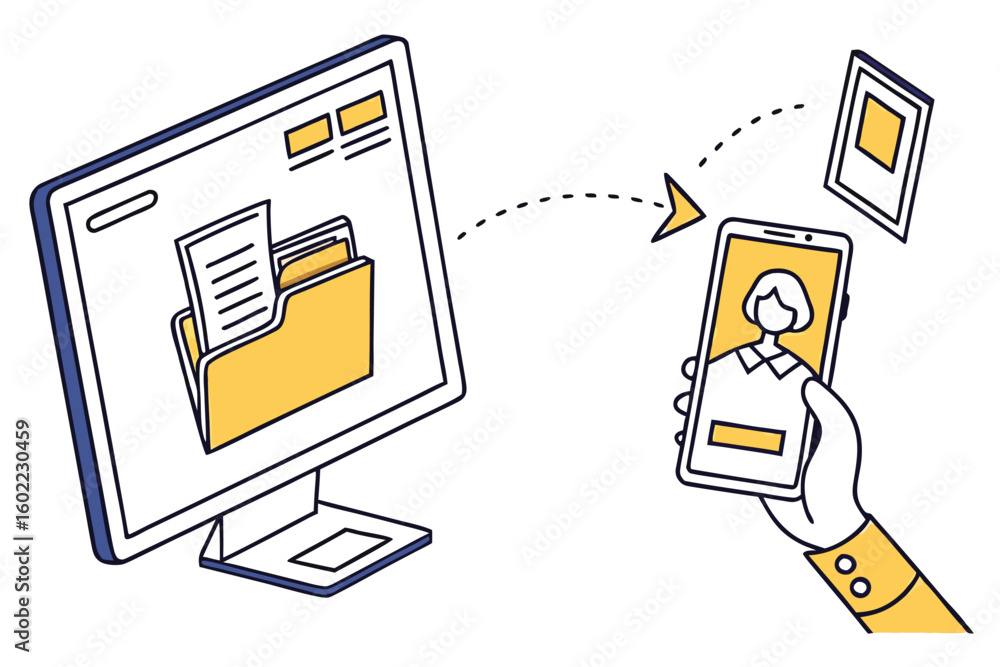 Poster using a smartphone to access digital files from a computer during a data transfer process in a moder