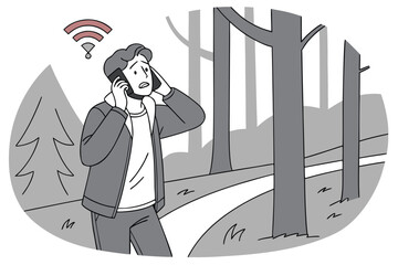 Person experiencing poor phone signal while walking on a trail in a forest during daytime