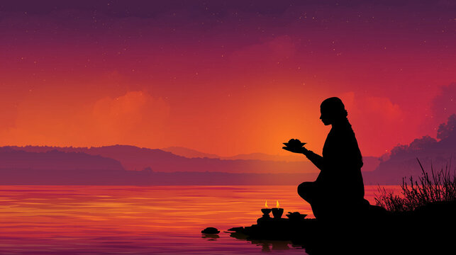 Spiritual Mahalaya Amavasya banner, silhouette of devotee doing pind daan with rice balls and diya, glowing saffron-to-dark purple gradient sky