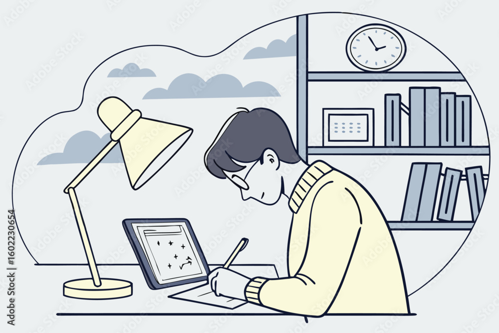 Poster student studying at a desk under a lamp in a cozy room with bookshelves, a clock, and digital tablet