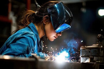 Welder in Blue Shirt Cutting Metal with Torch Intense Woman welding helmet working