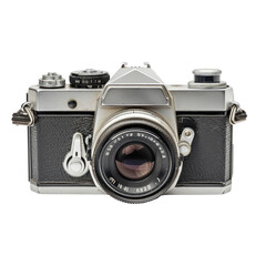 Vintage 35mm SLR camera, silver and black body, with a lens