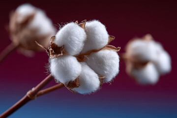 Raw cotton fibers bursting from outer pods, presented on vivid gradient background
