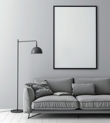 A modern living room with a gray sofa. floor lamp. and a large empty frame on the wall