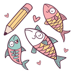 Cartoon Fish Family with Bucket Illustration for Children s Designs and Prints