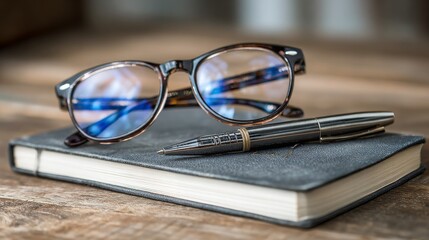 Close-Up of Eyeglasses on Notebook and Pen