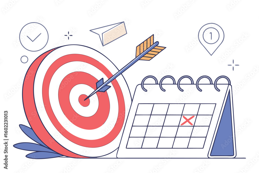 Poster target and calendar concept illustrating goal setting and planning strategies in a minimalistic styl