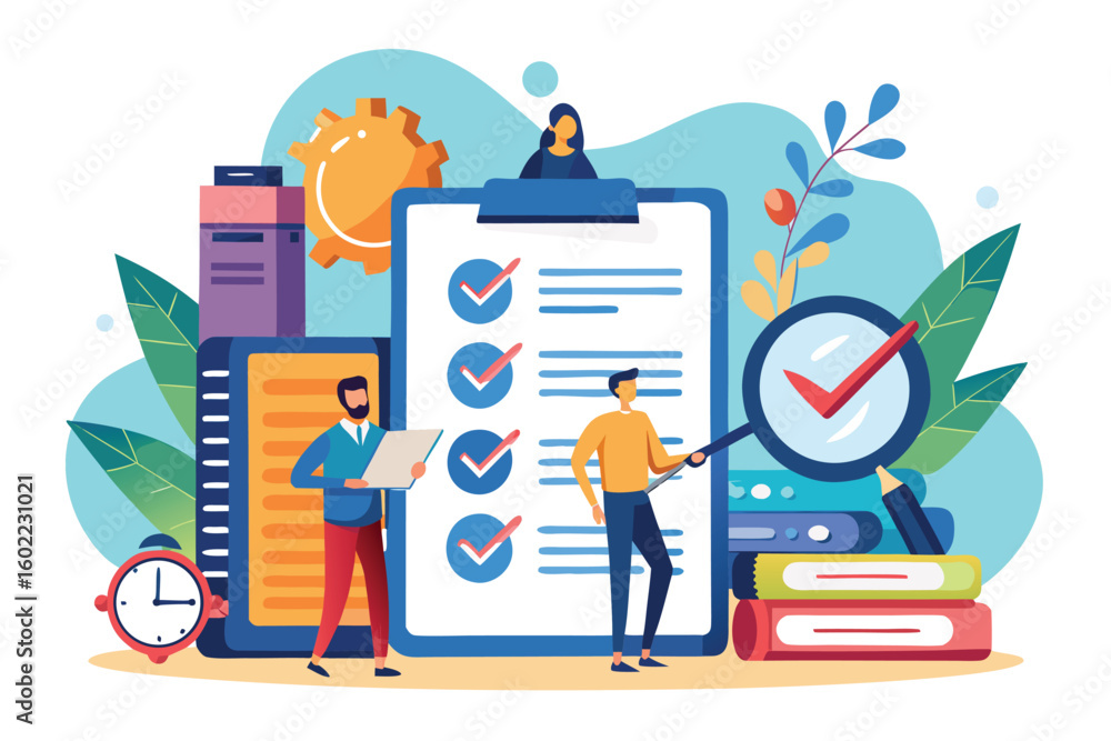 Poster presentation of task completion and analysis in a colorful workspace with a checklist and digital de